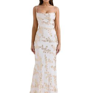 NWOT HOUSE OF CB 'Capriana' White & Gold Jacquard Satin Gown Size S